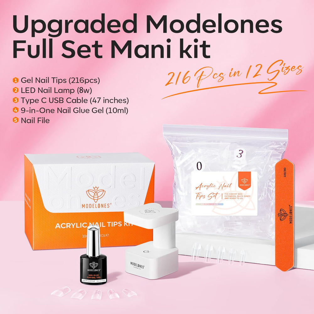 Modelones 216-piece short square nail tips laid out in 12 sizes for precise fit.