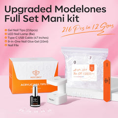 Modelones 216-piece short square nail tips laid out in 12 sizes for precise fit.
