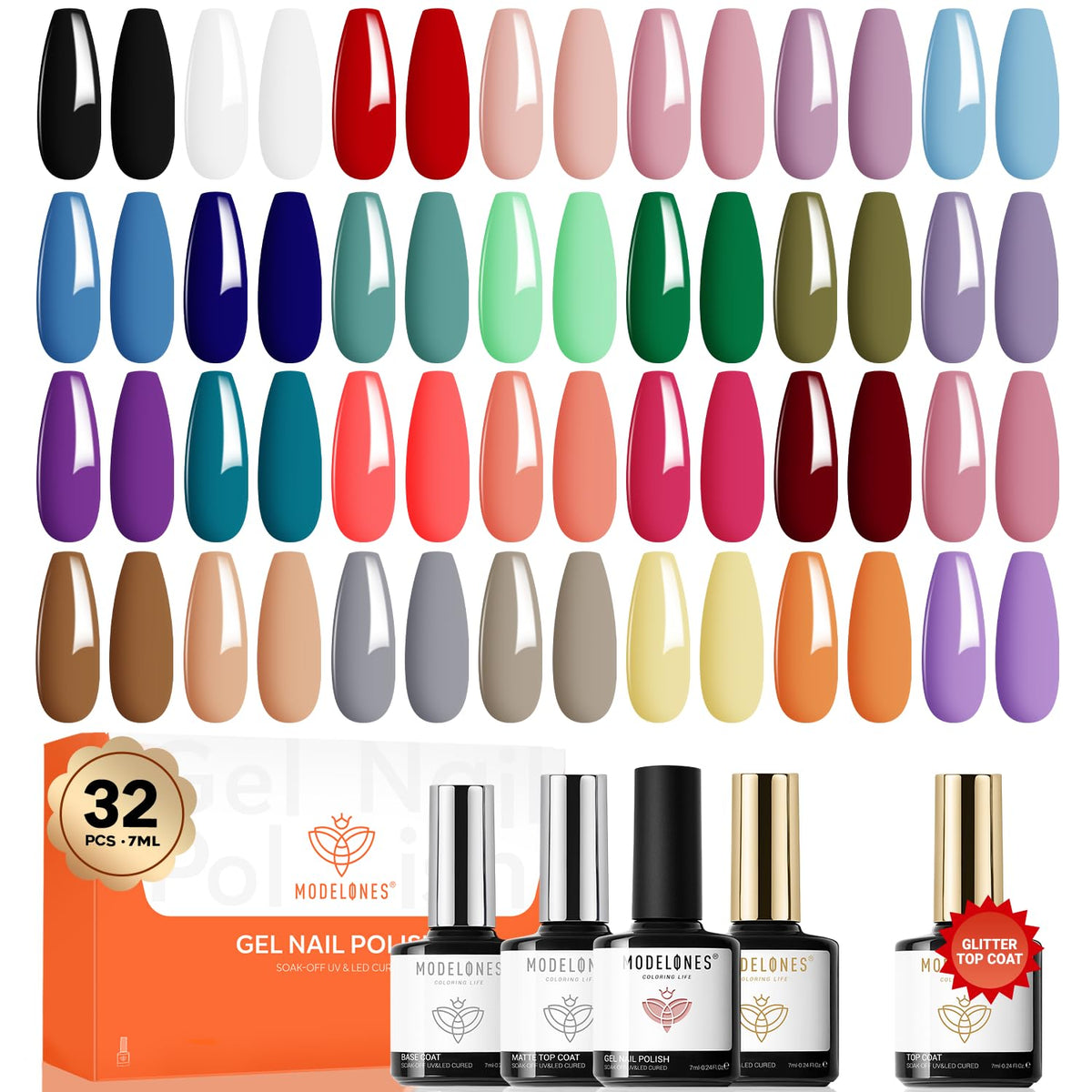 Modelones 32 PCS gel nail polish set bottles showcase 28 colors for versatile nail art