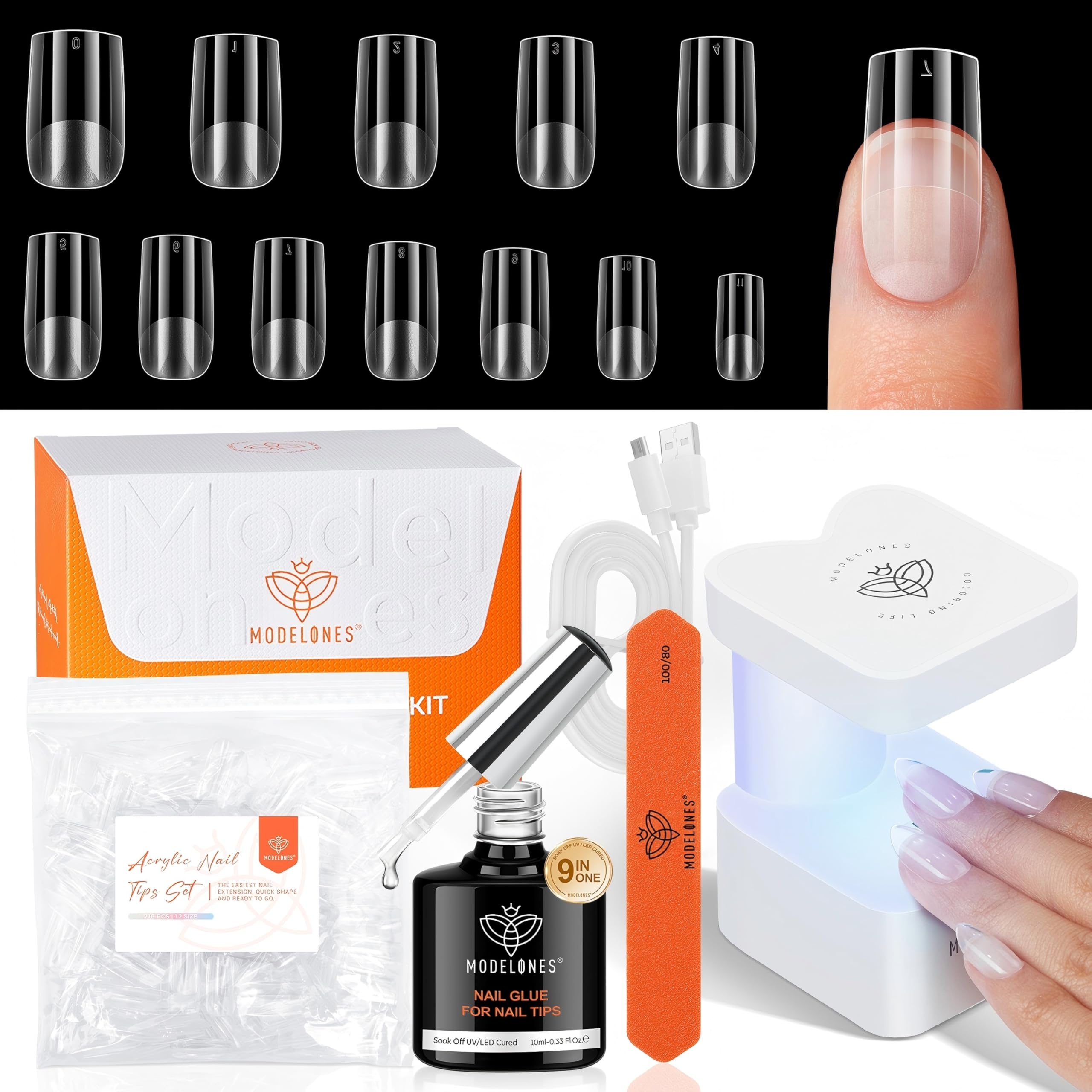 Modelones 9-in-One Nail Glue bottle shown for durable base coats and color mixing.