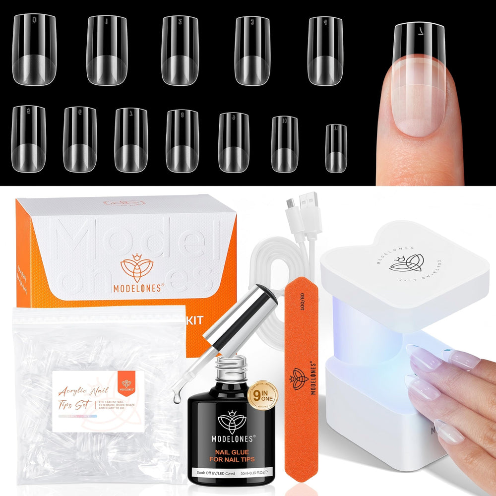 Modelones 9-in-One Nail Glue bottle shown for durable base coats and color mixing.