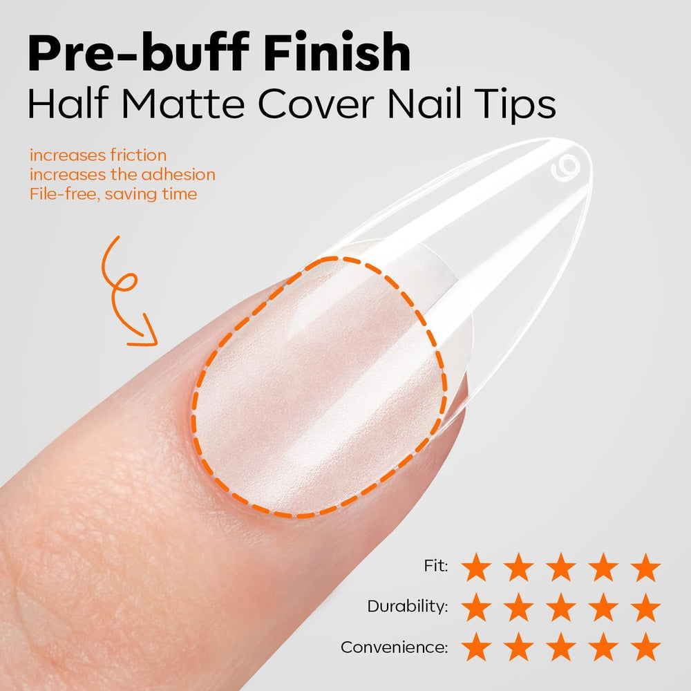 Modelones almond tip close-up showing half-matte adhesion
