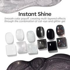 Modelones black-white-silver-cat-eye-glitter nails for bold manicure.