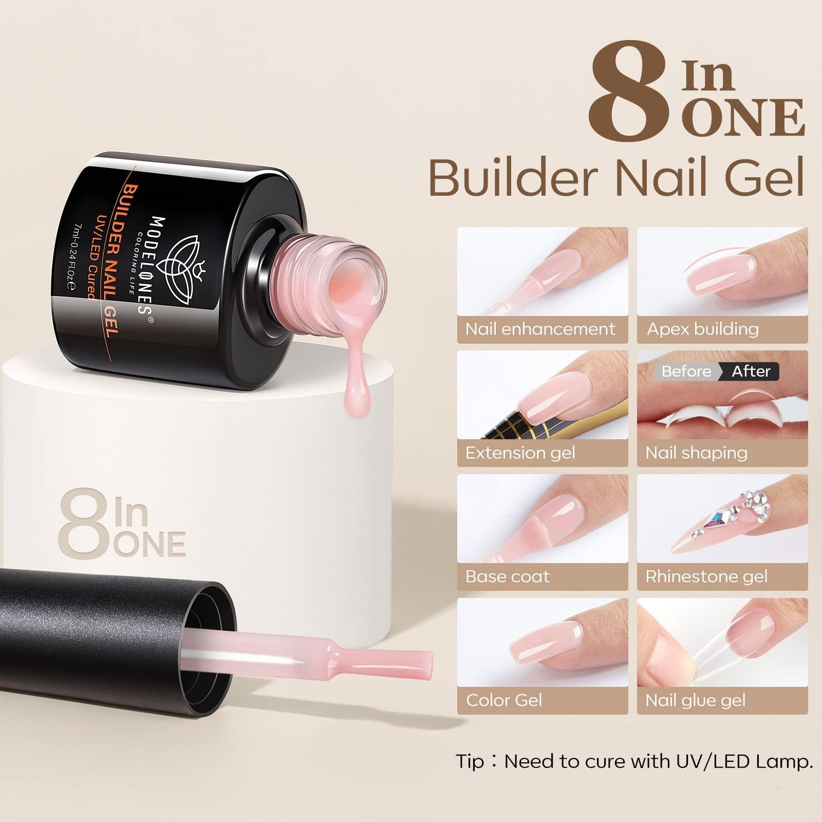 Modelones gel with built-in brush enables easy self-leveling and smooth foundation