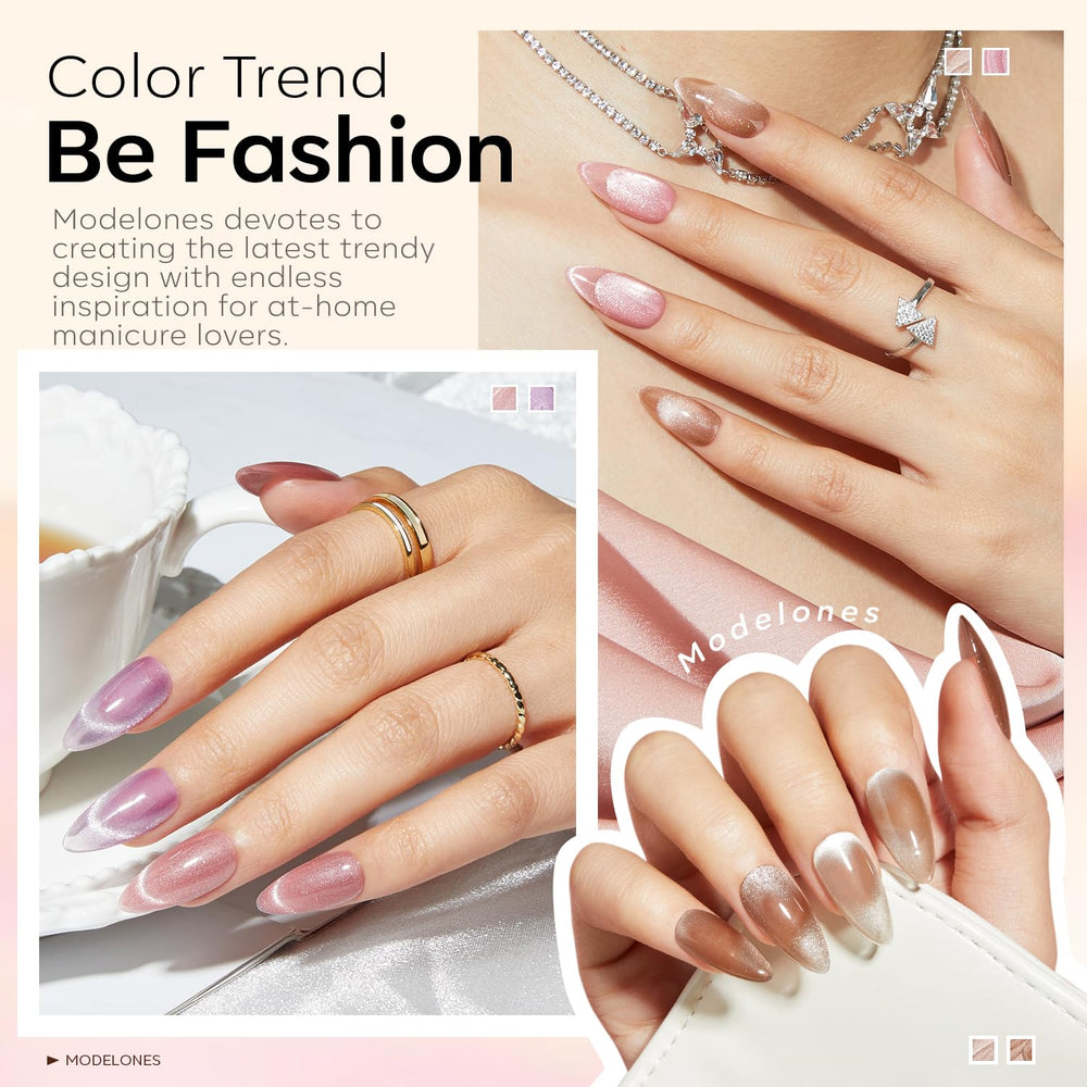 Modelones nude-brown cat-eye-polish delivers elegant neutral nails with magnetized shimmer.
