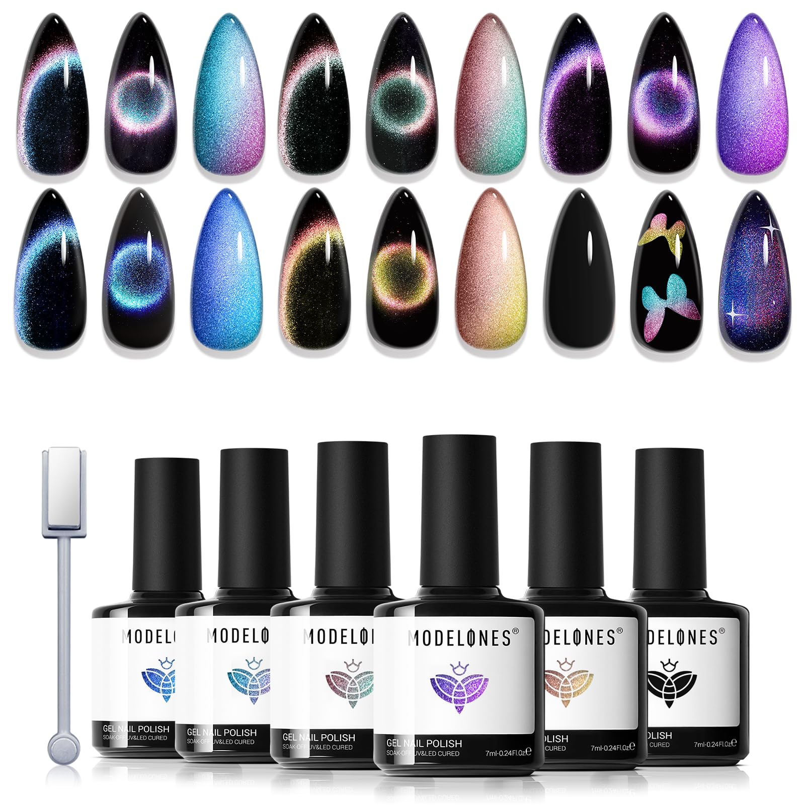 Modelones Cat Eye Gel Black Base for magnetic color shifts and rainbow effects.