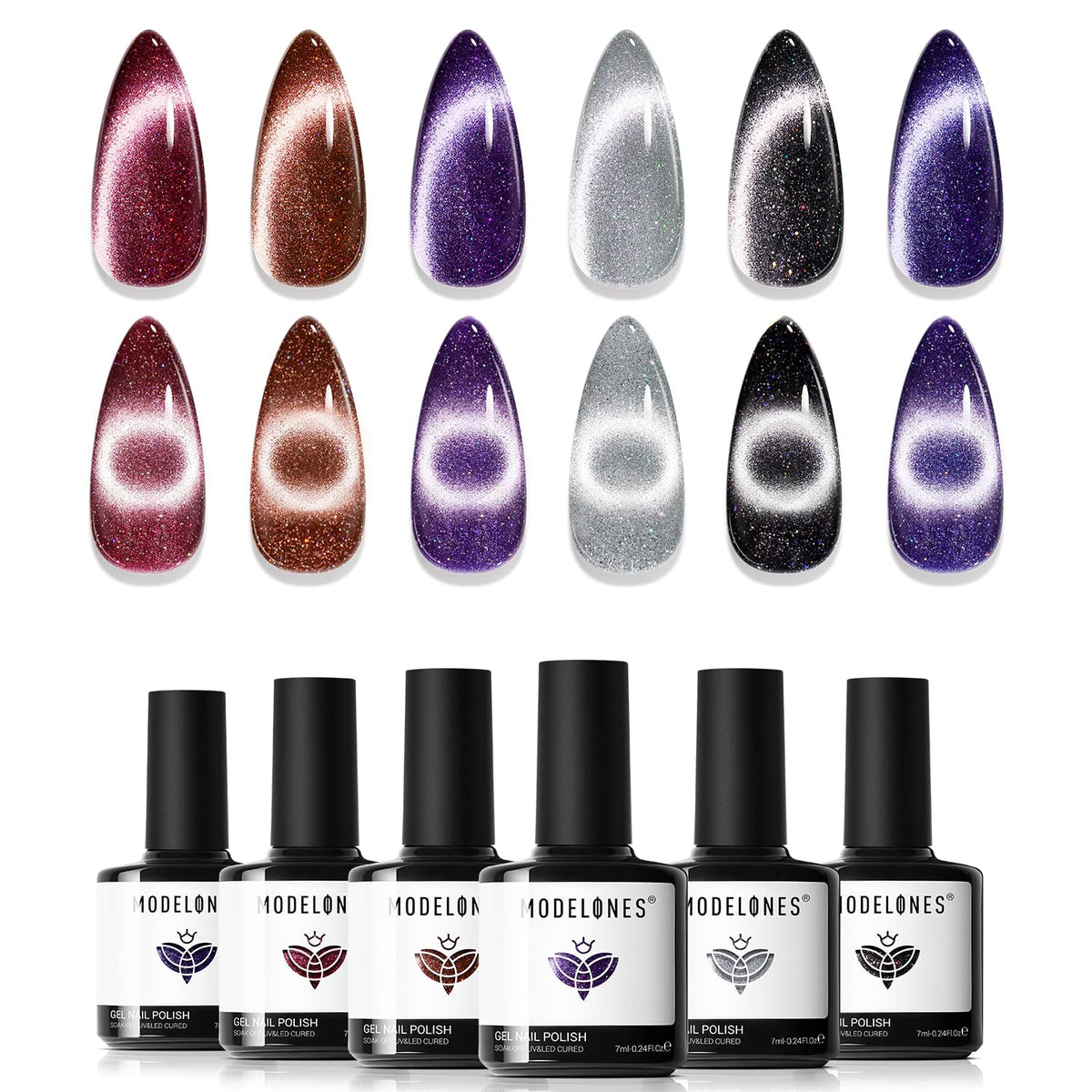 Modelones cat eye gel polish set with six color bottles for swatch-ready results.