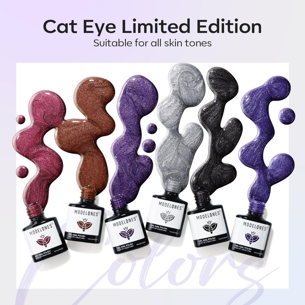 Modelones cat eye gel polish swatches show metallic glitter effect.