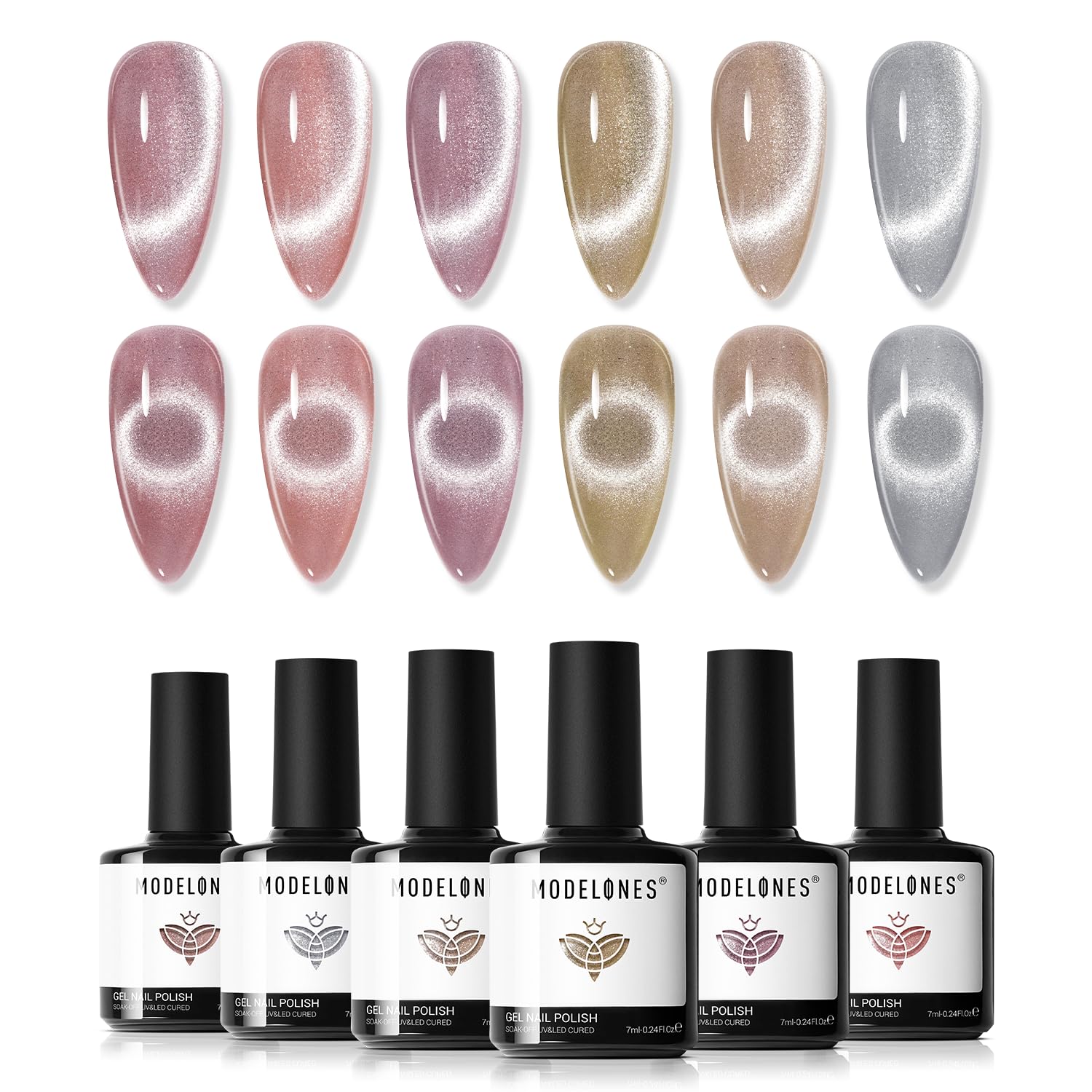 Modelones cat eye gel polish set with six colors shows magnet-ready finish
