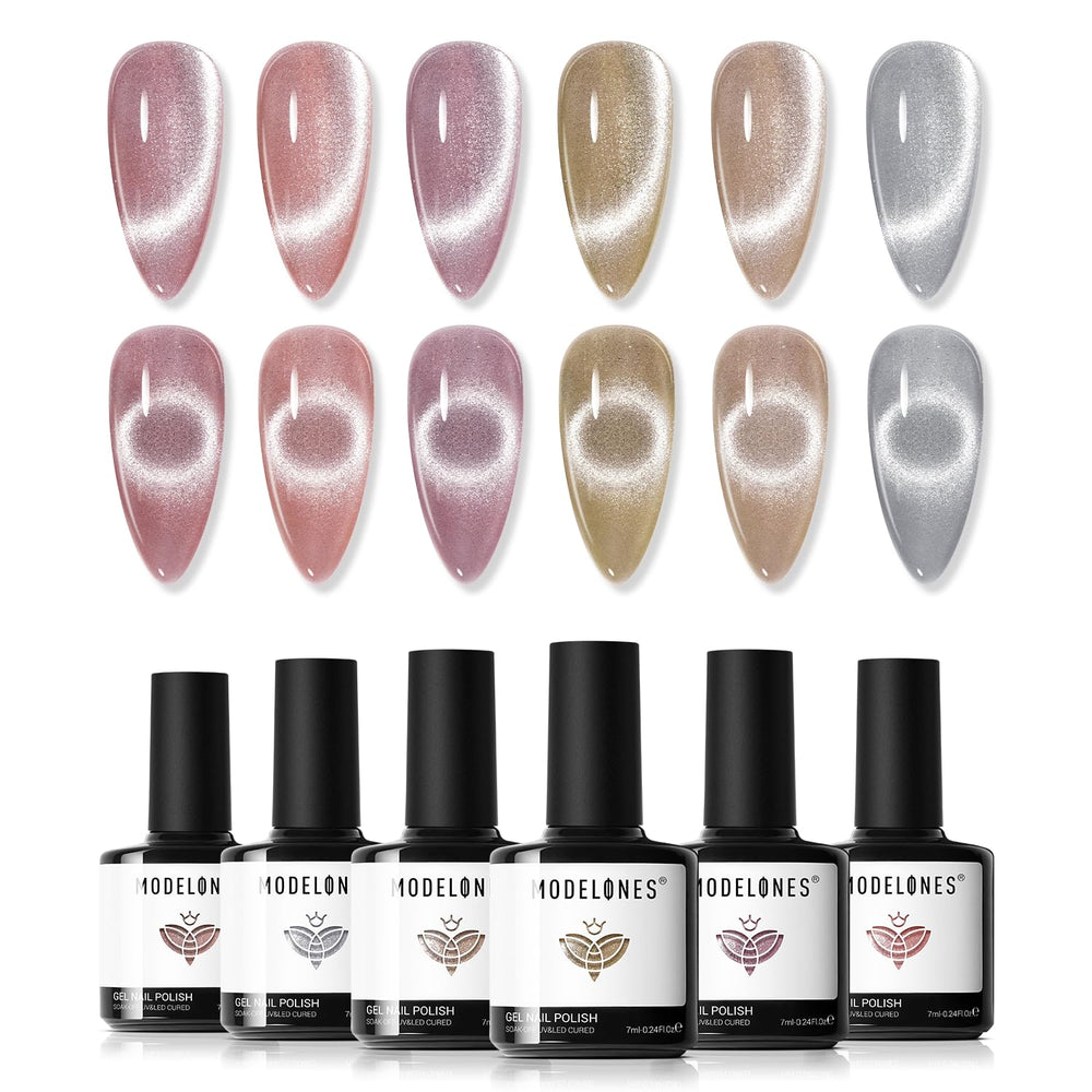 Modelones cat eye gel polish set with six colors shows magnet-ready finish