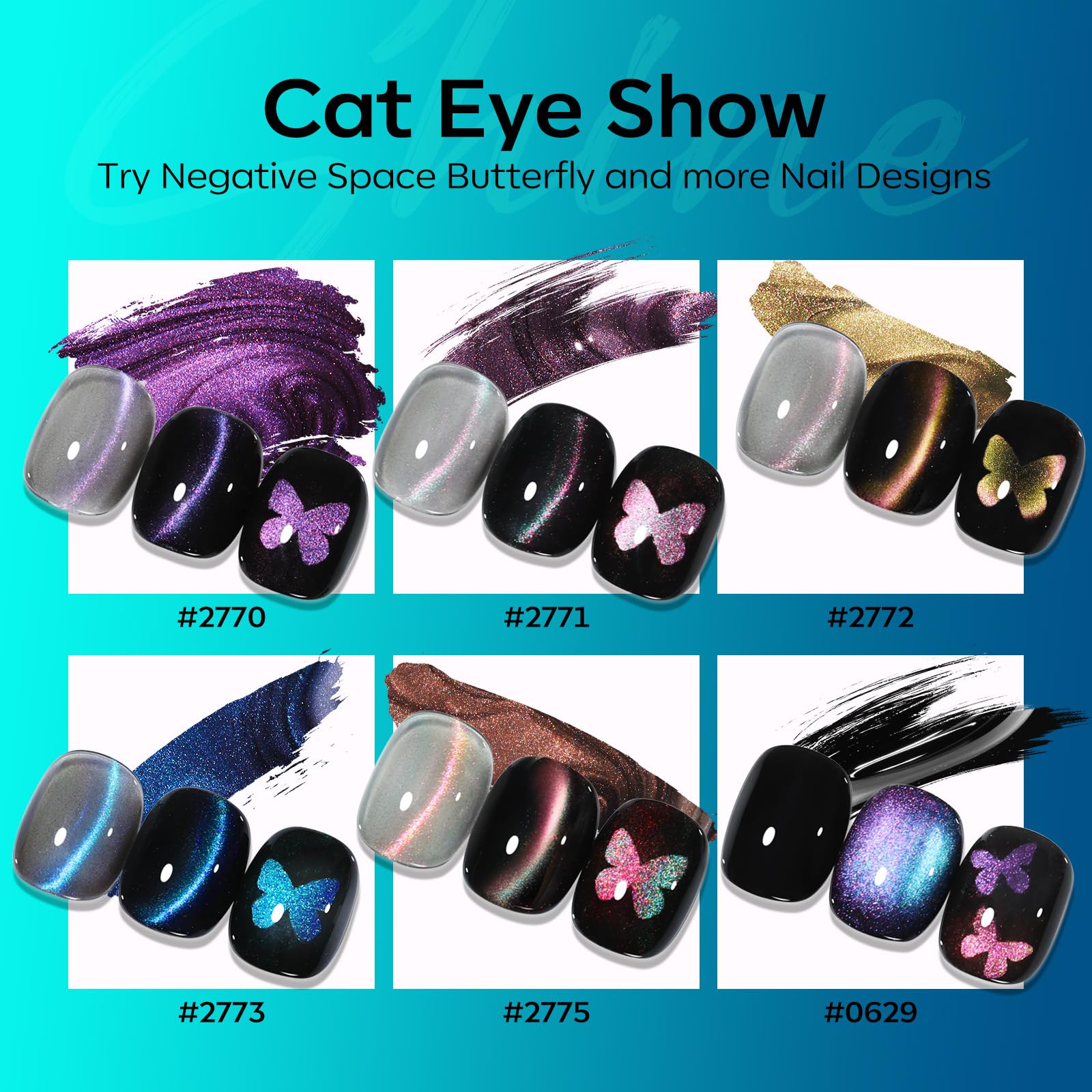 Modelones Cat Eye Gel Purple Color Palette highlights vibrant cat-eye effects.