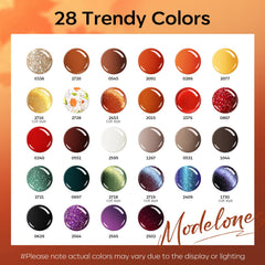 Modelones cat-eye glitter in brown, red and orange for dimensional manicures.