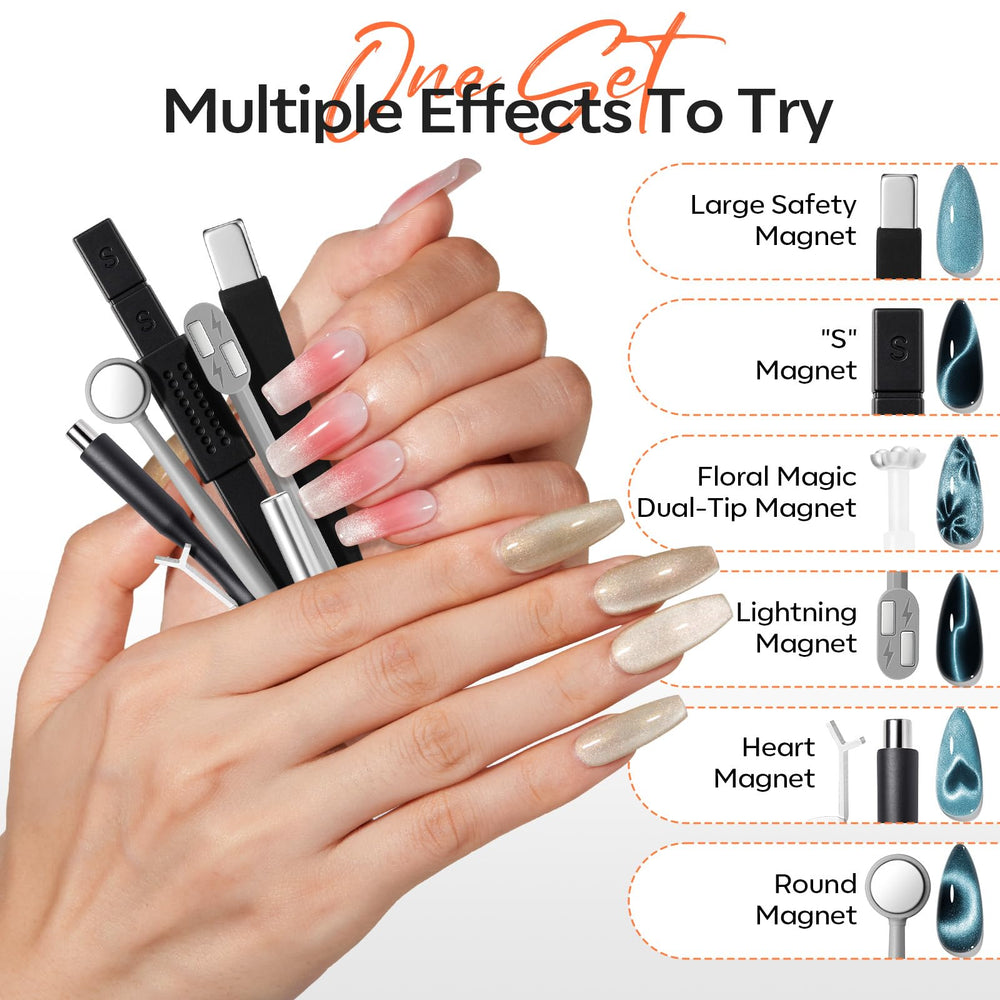 Modelones Cat Eye nails shown on a home manicure setup.
