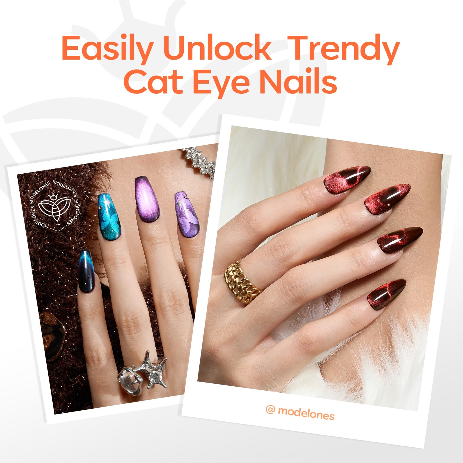 Modelones Cat Eye nails exhibit a glassy finish demonstration.