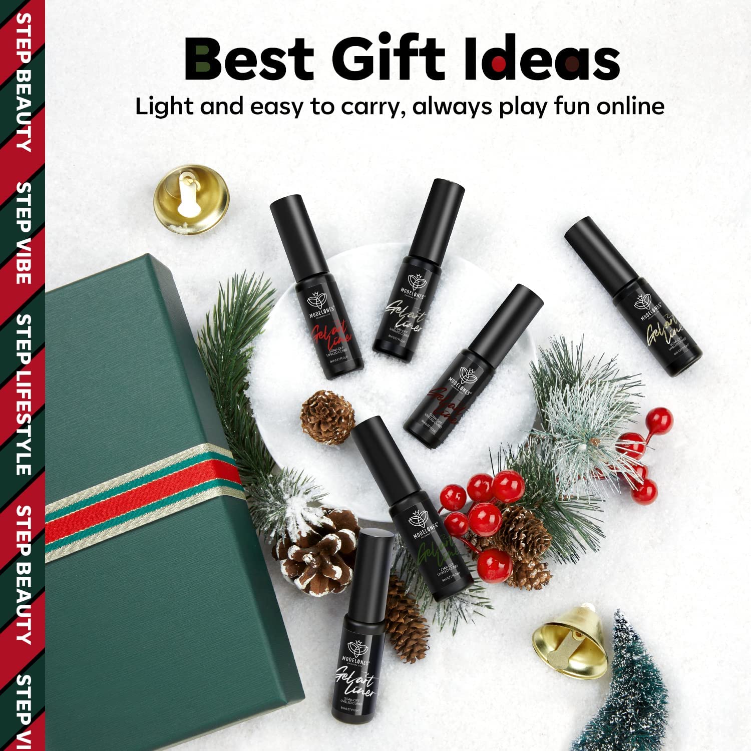Modelones thin brush shown for precise striping in holiday nails.
