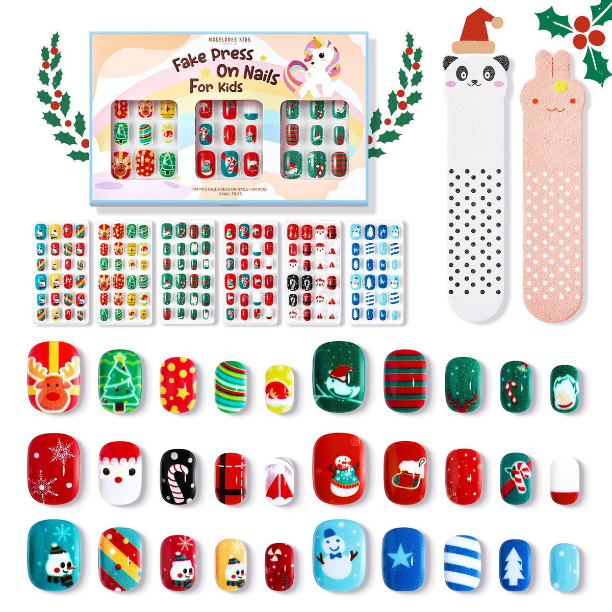 Modelones Christmas press-on nails for kids box display with festive designs