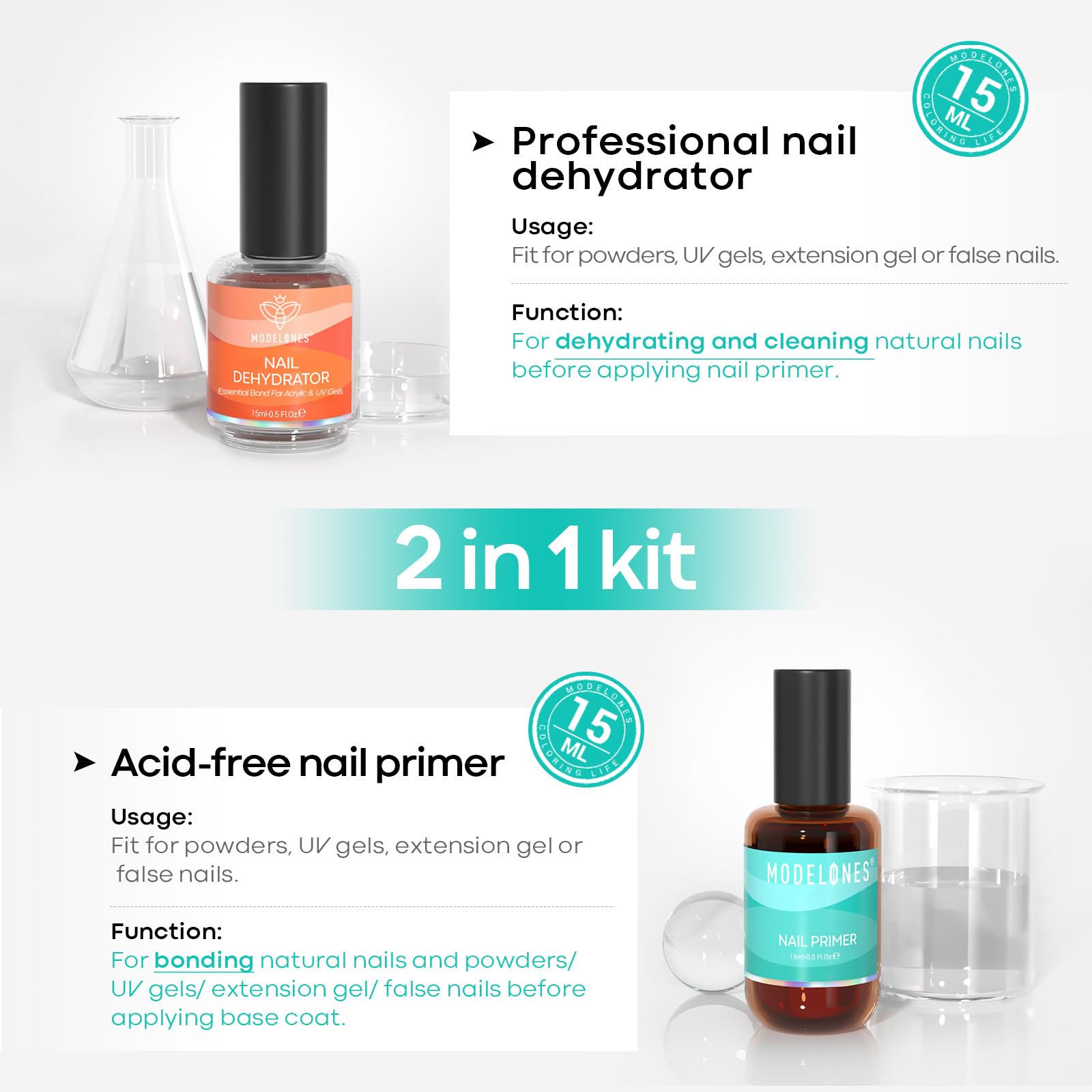 Modelones dehydrator bottle close-up showing acid-free formula for gentle prep