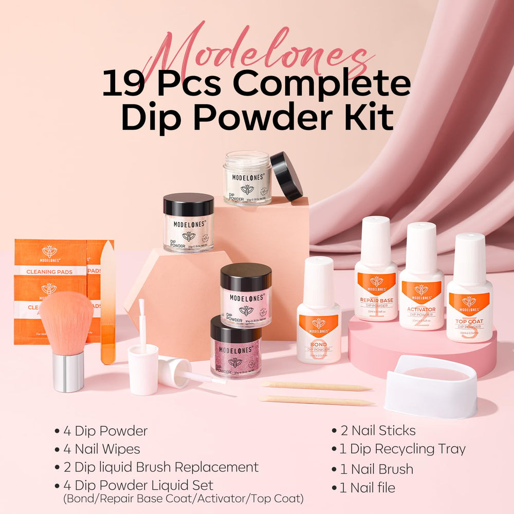 Modelones dip liquid set featuring bond, base, activator, top for durable finishes.