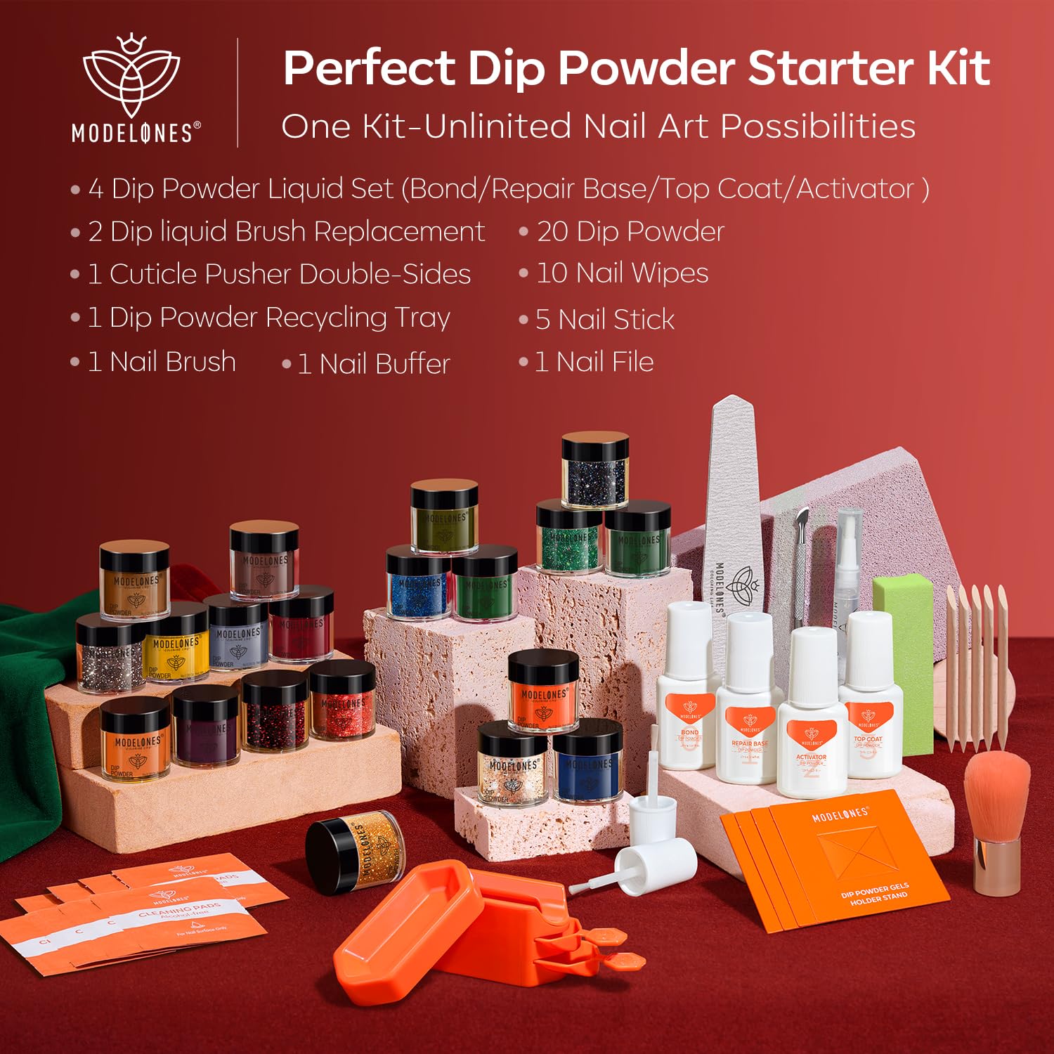 Modelones dip powder finish delivers a gel-like shine without a lamp