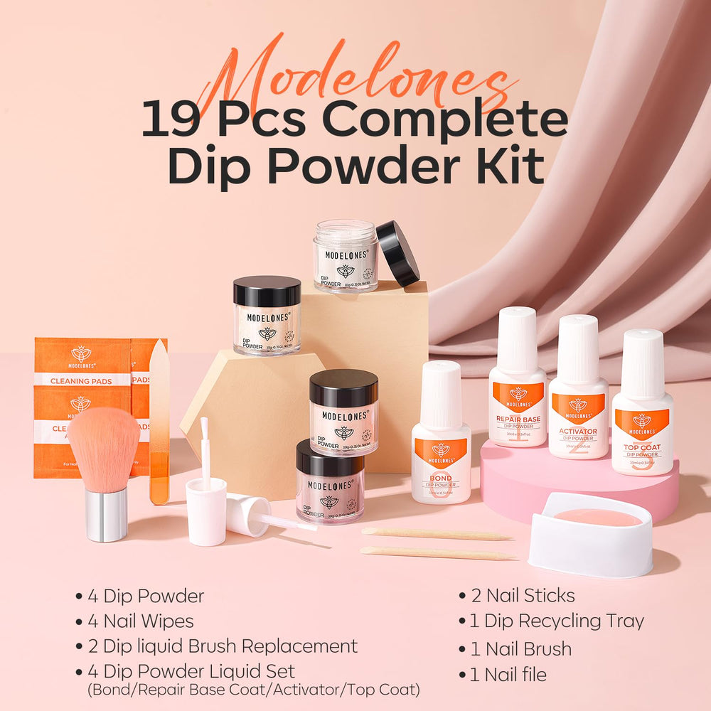 Modelones dip powder liquid set image showing bond, base, activator, topcoat
