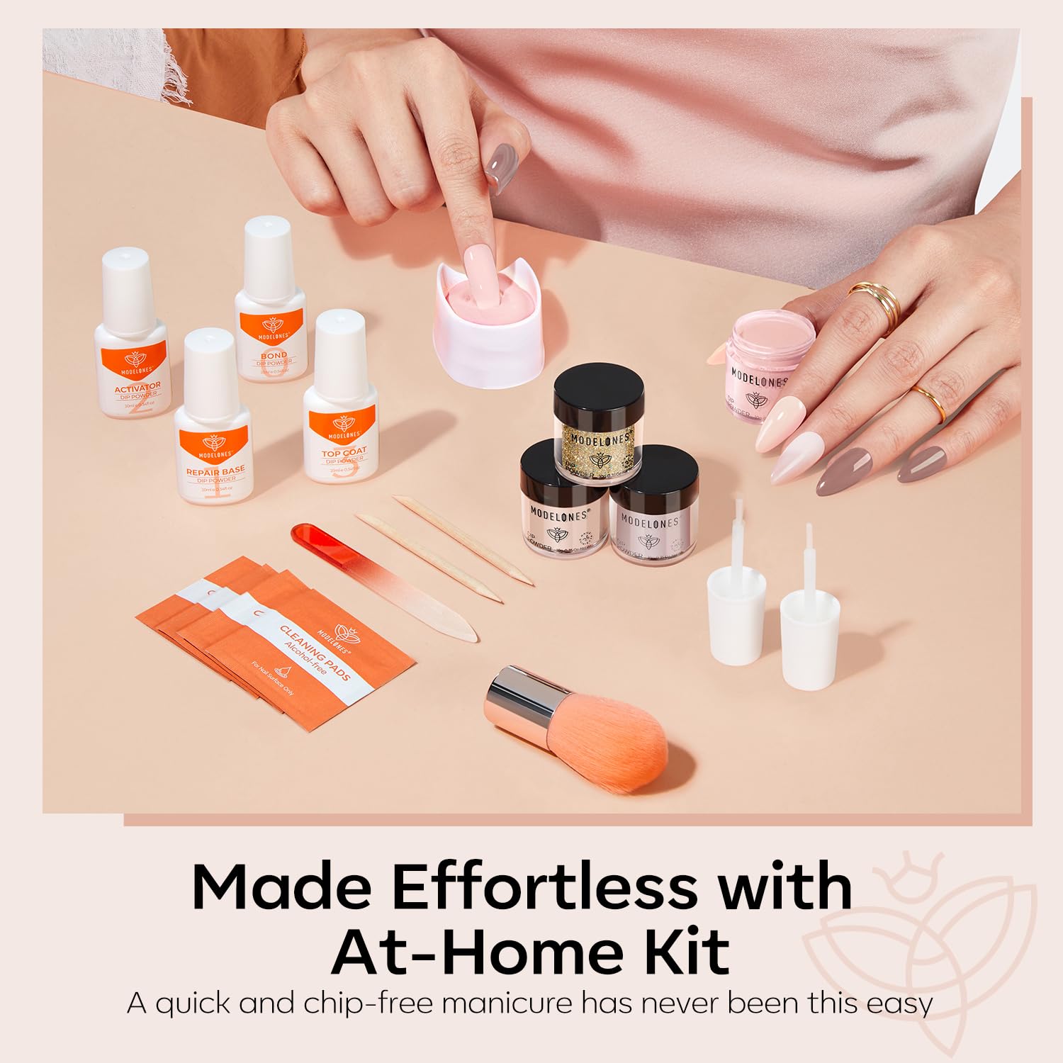 Modelones dip powder tools tray and brushes for easy home manicure.