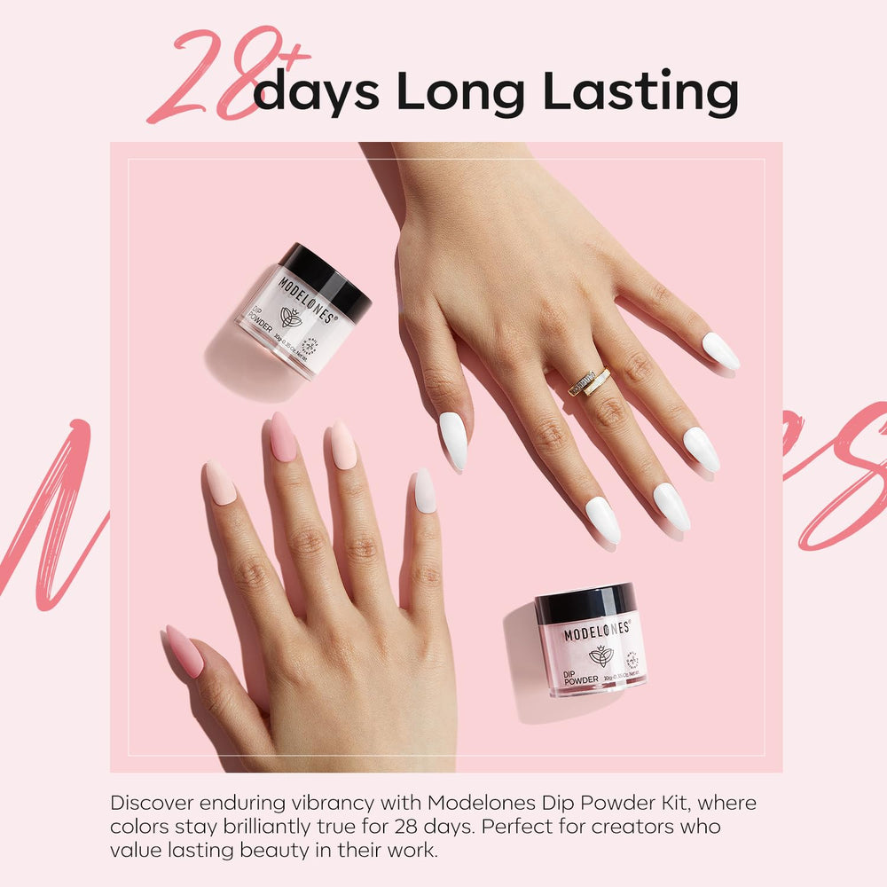 Modelones white dip powder bottle delivers crisp, clean nail finishes