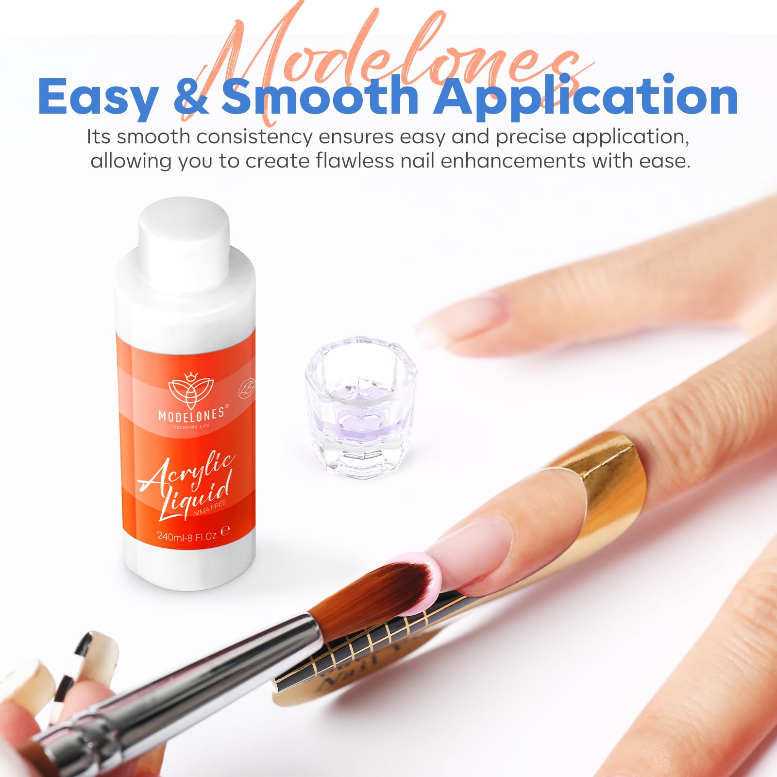 Modelones durable adhesion image underlines long-lasting acrylic nail results.