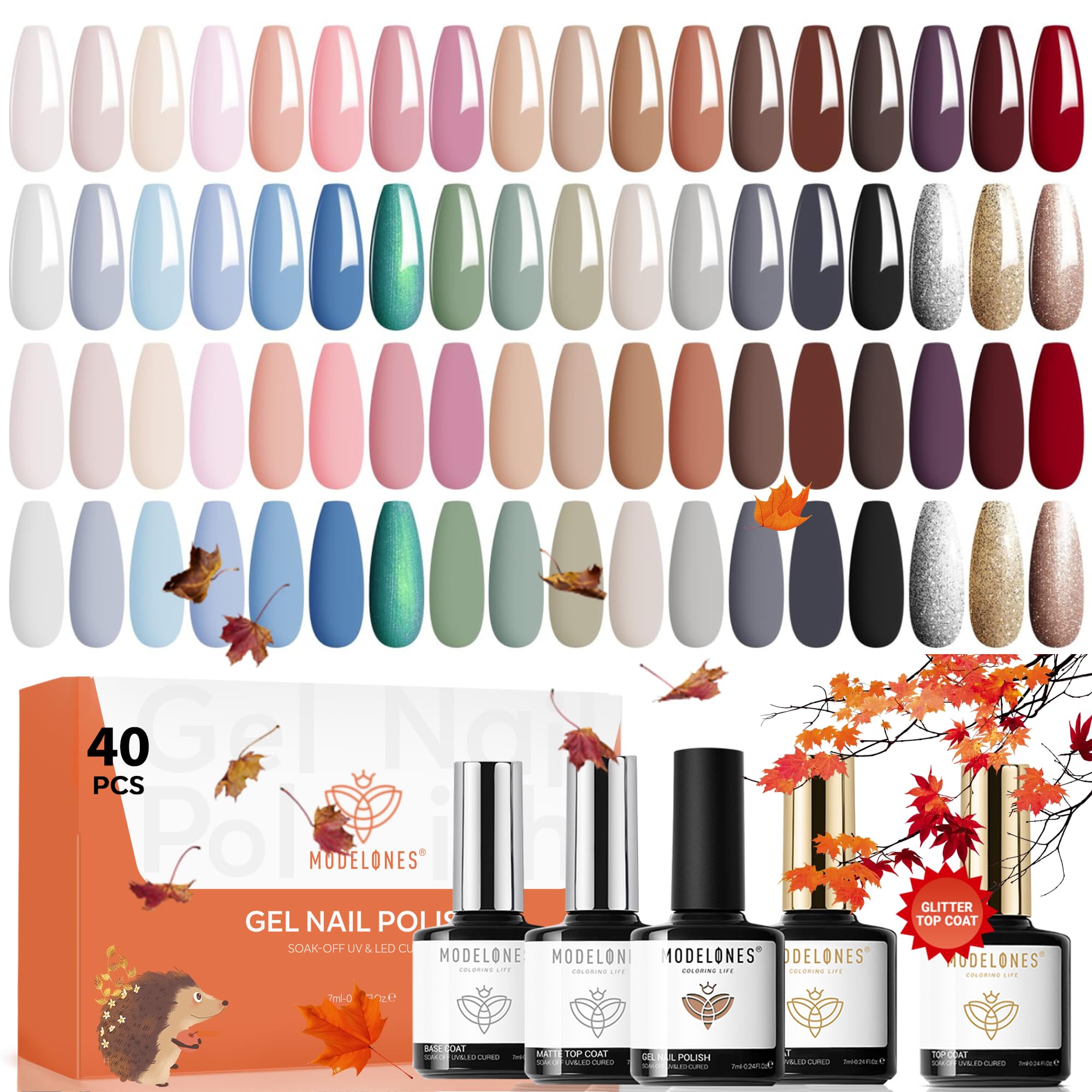 Modelones fall gel polish set showing 36 colors for versatile daily manicures