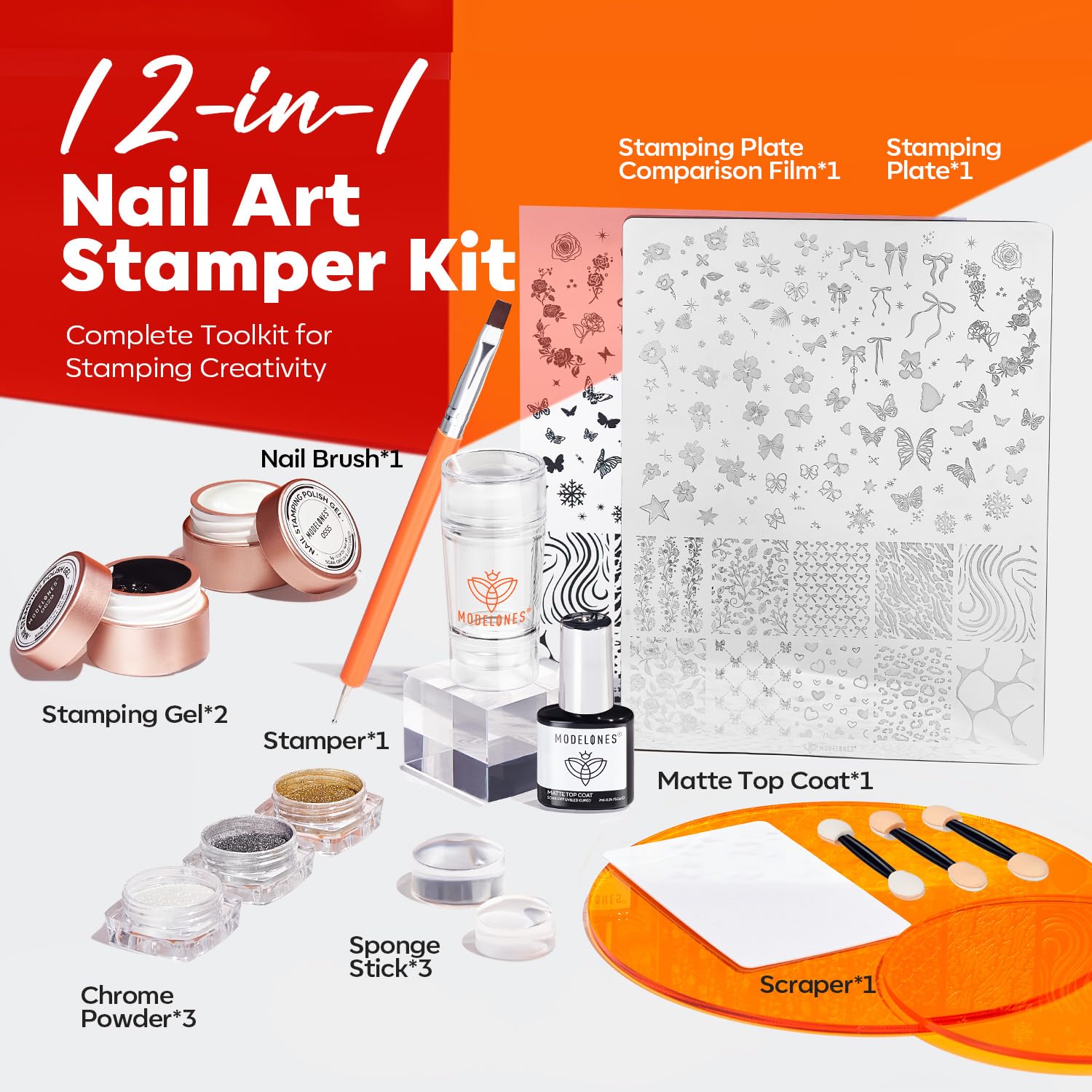 Modelones French-tip stamper demonstrates crisp French nails with easy, mess-free application.