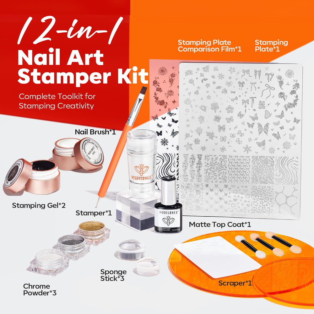 Modelones French-tip stamper demonstrates crisp French nails with easy, mess-free application.