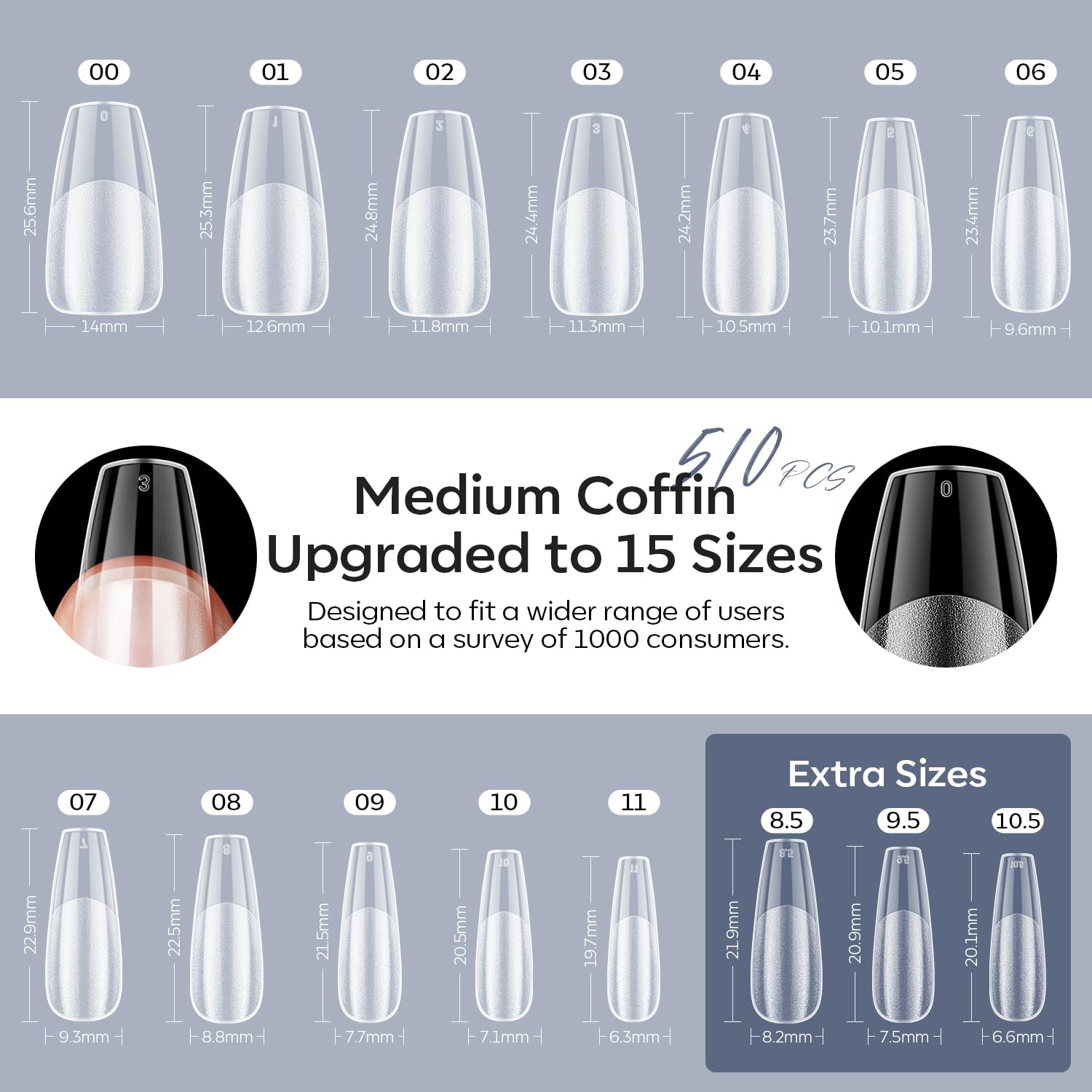 Modelones coffin tips in 15 sizes deliver precise fit for DIY mani.