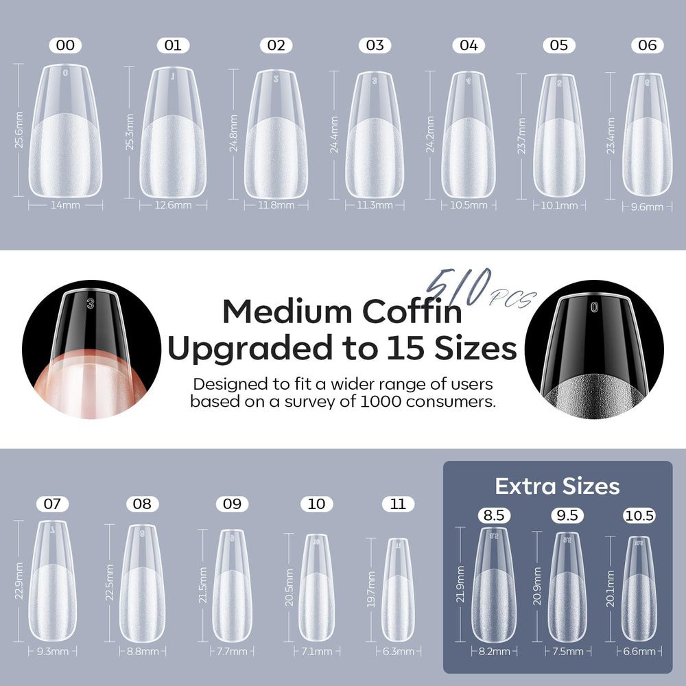 Modelones coffin tips in 15 sizes deliver precise fit for DIY mani.