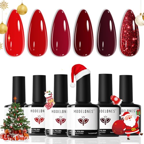 Modelones gel nail polish kit six red shades swatch display for versatile looks