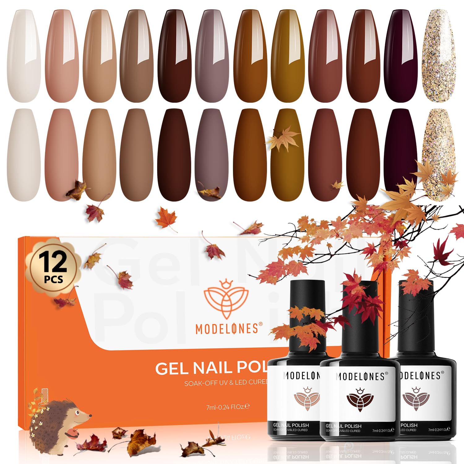 Modelones gel nail polish set swatches show 12 fall-winter colors for easy selection.