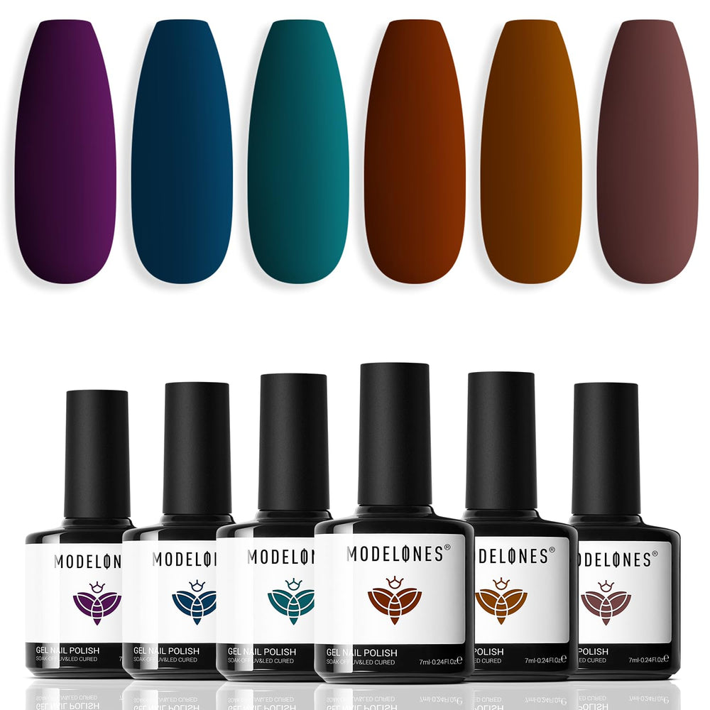Modelones gel nail polish set showing six dark Morandi colors for fall nails