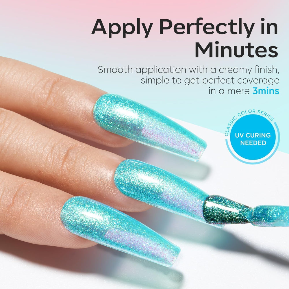Modelones Glitter Gel Nail Polish Set baby-blue offers cool-toned vibrancy for spring nails.