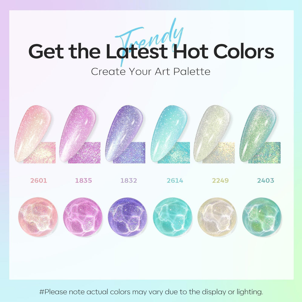 Modelones Glitter Gel Nail Polish Set mermaid-white delivers shimmering finish for ocean-inspired nails.