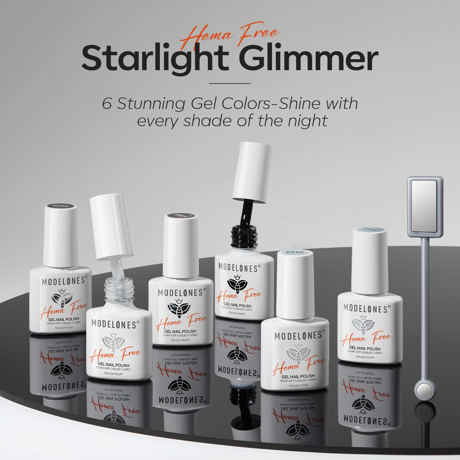Modelones hema-free-nail-polish bottle highlights vegan safety.