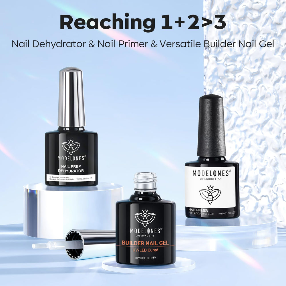 Modelones home DIY setup with gel and primer for salon-like results.
