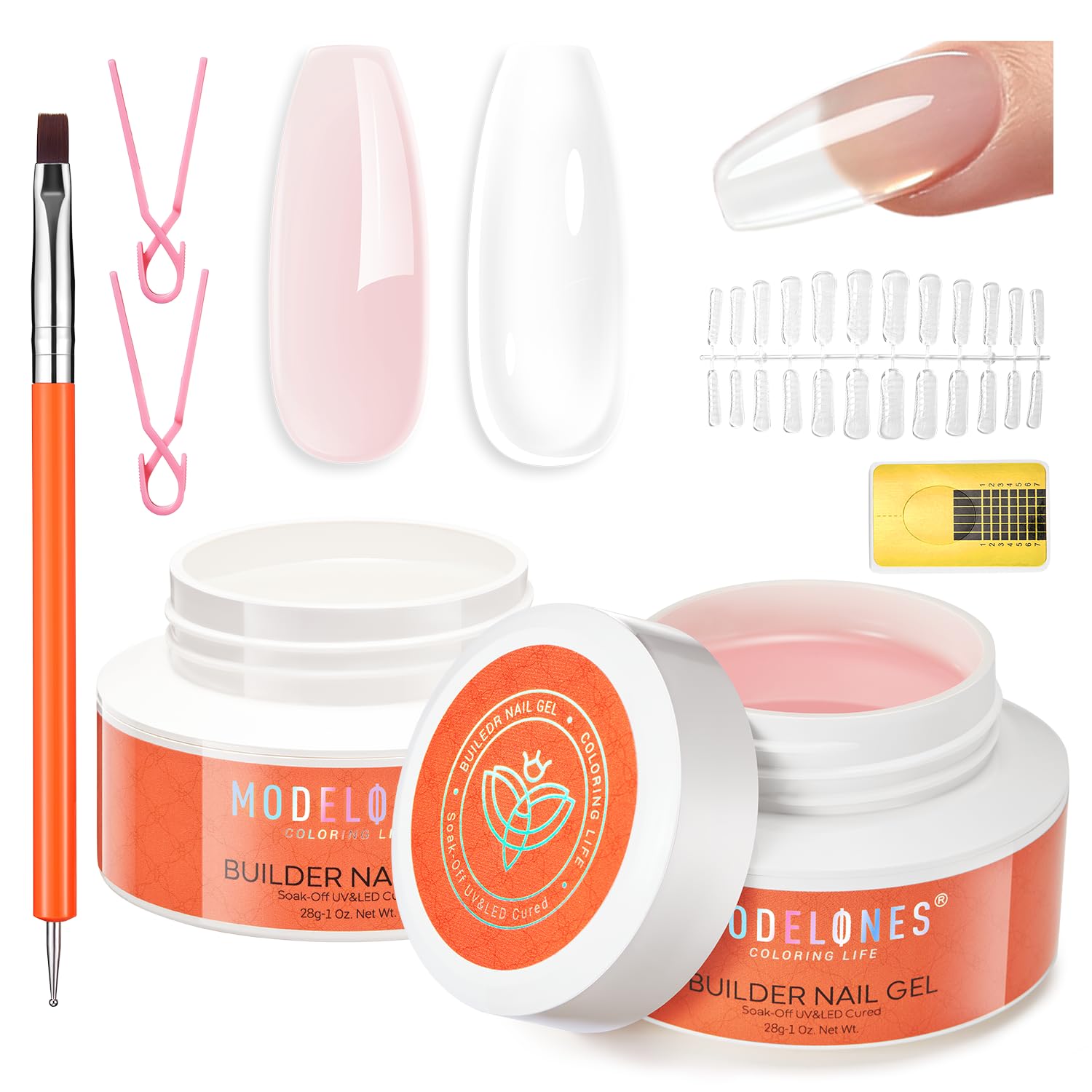 Modelones kit builder gel con brocha doble extremo para aplicación precisa.