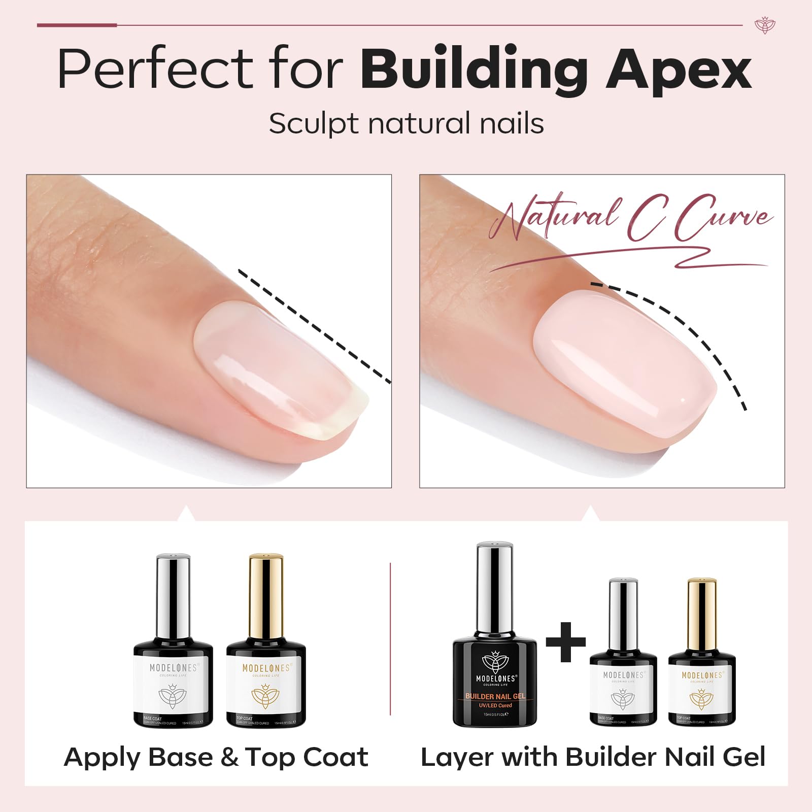 Modelones nude pink builder gel color layer demonstrating 60–90s LED/UV cure.