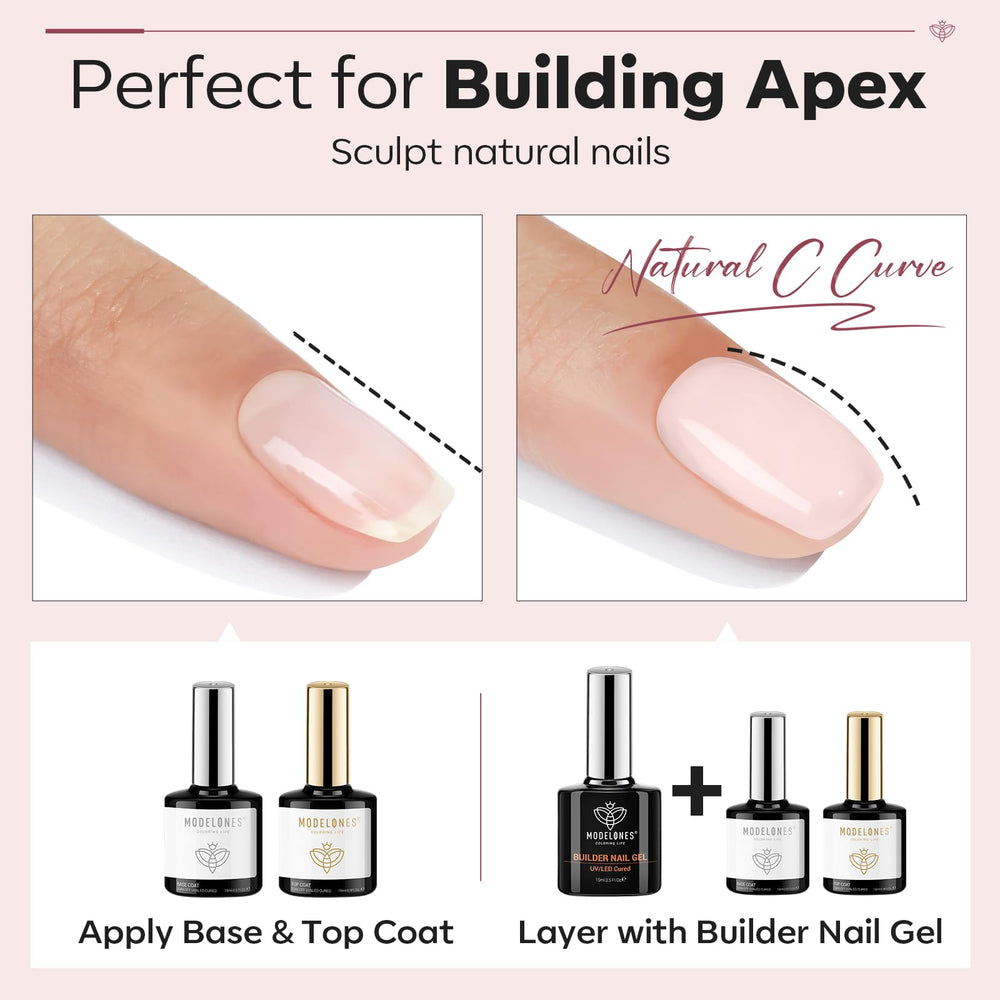 Modelones nude pink builder gel color layer demonstrating 60–90s LED/UV cure.