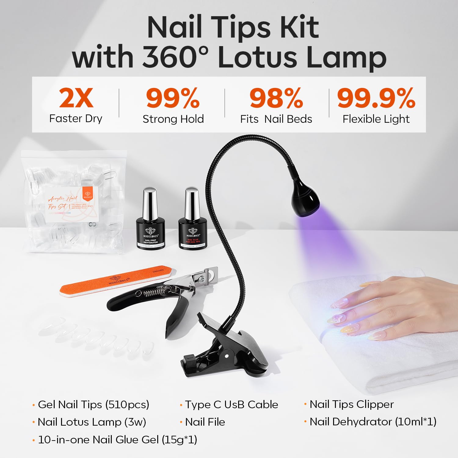 modelones led uv lamp closeup demonstrates flexible gooseneck reach for targeted nail work.