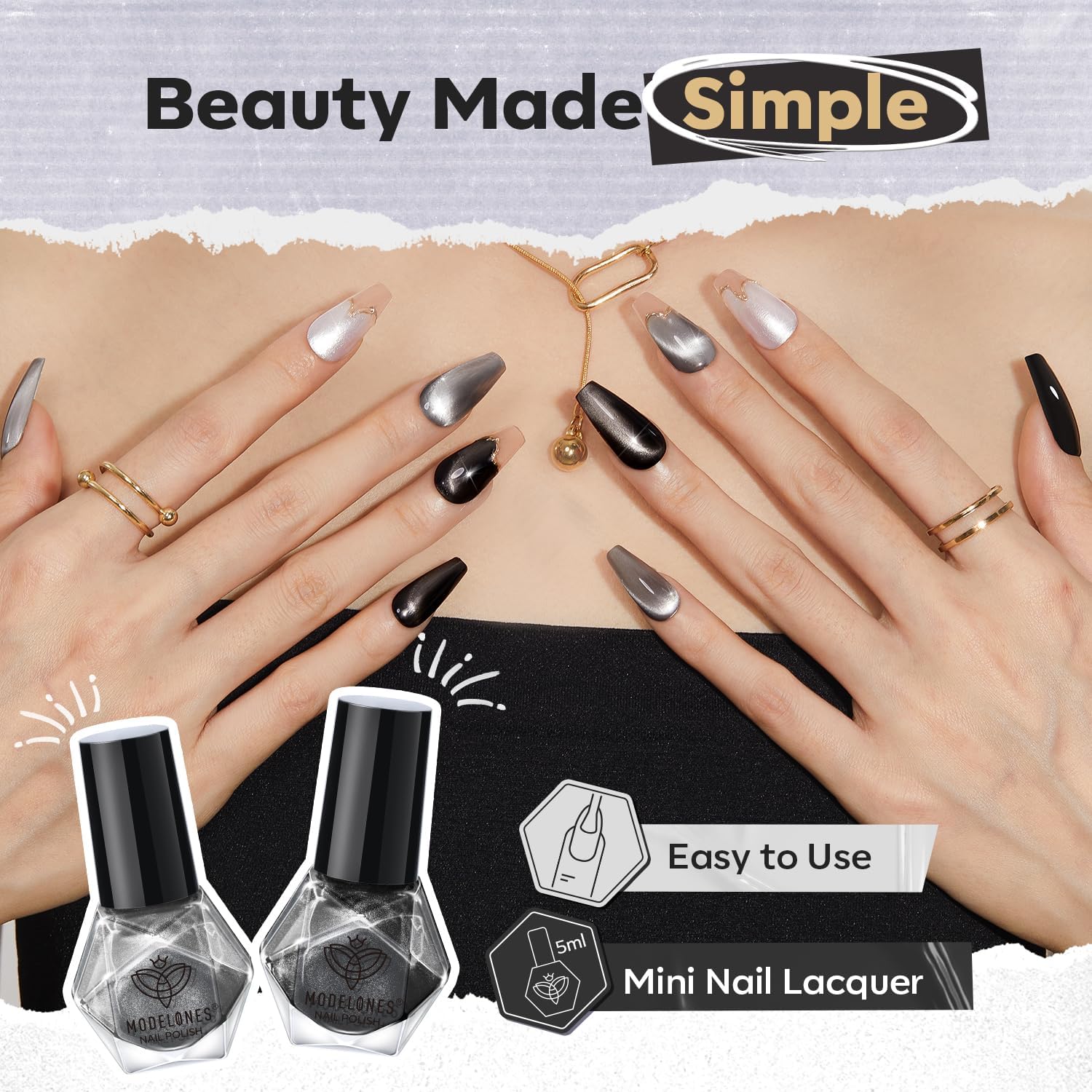 Modelones magnet glitter cat-eye polish creates magnetic sparkle for dramatic nails.