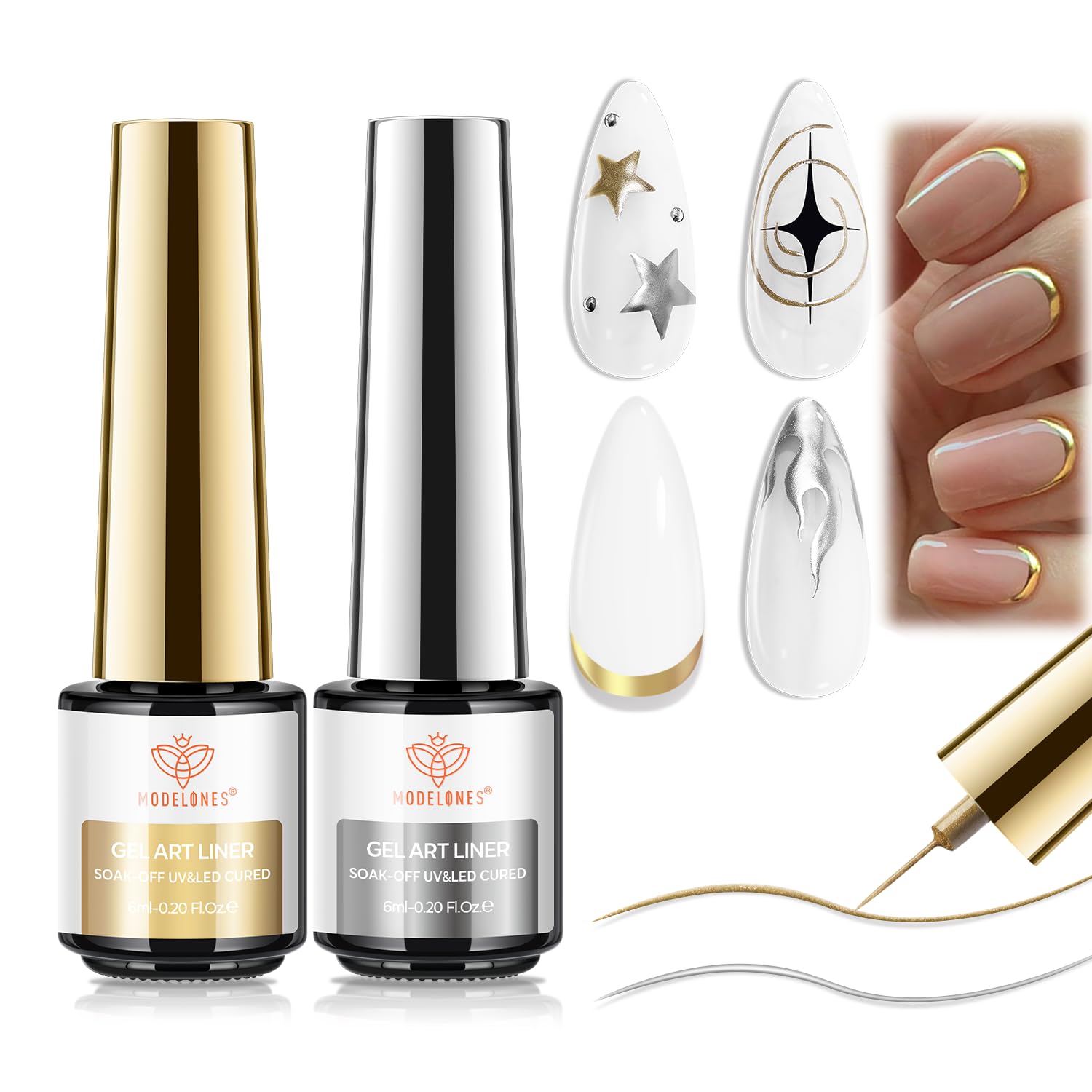 Modelones Metallic Gold Silver Gel Liner Set shows dual chrome finish for chic nails