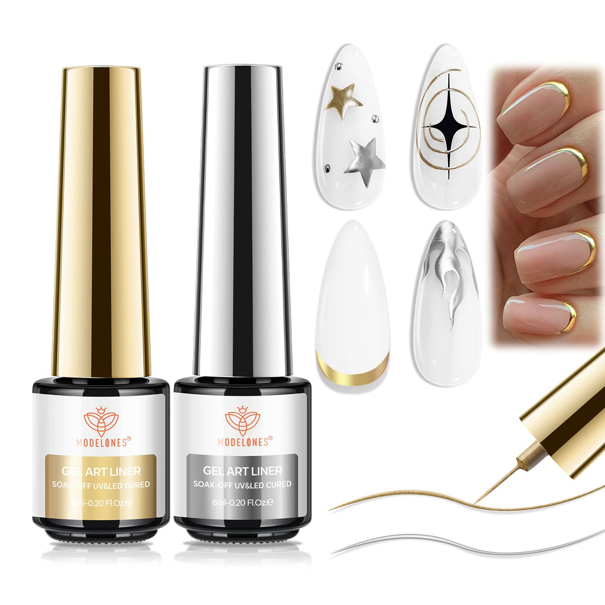Modelones Metallic Gold Silver Gel Liner Set shows dual chrome finish for chic nails