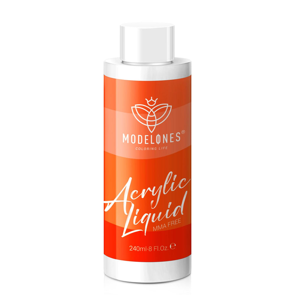 Modelones monomer 8oz bottle close-up highlights MMA-free formula for safer nail art.