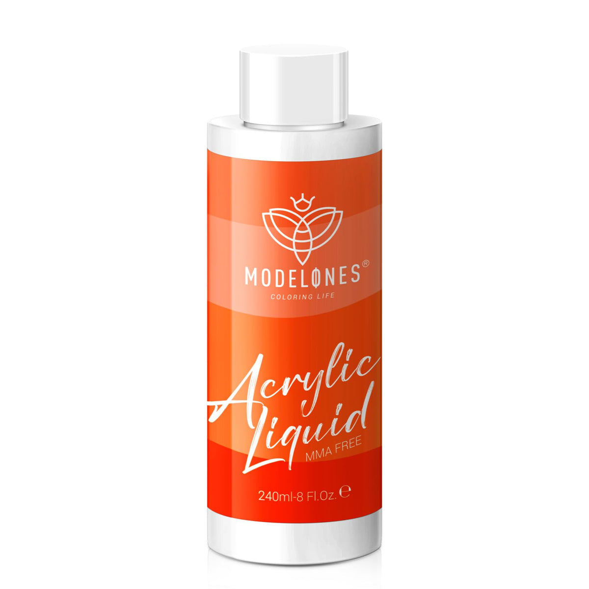 Modelones monomer 8oz bottle close-up highlights MMA-free formula for safer nail art.