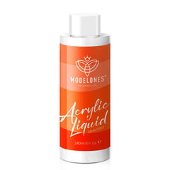 Modelones monomer 8oz bottle close-up highlights MMA-free formula for safer nail art.