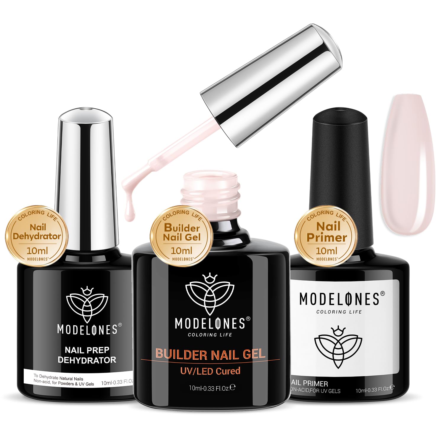 Modelones nail dehydrator and primer set visual for improved adhesion and base prep.